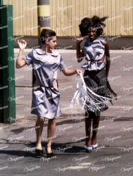 Two models wearing avant-garde metallic grey dresses walking outdoors against an industrial backdrop for Vaquera FW26.
