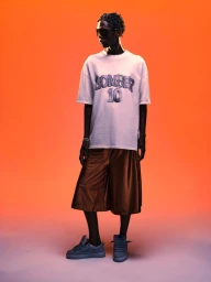 Model wearing a graphic t-shirt and wide shorts posing against a warm orange gradient background for Bomber spring summer 27.
