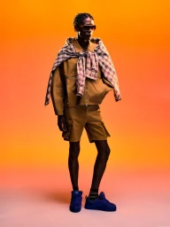 Model wearing a tan bomber jacket, shorts, and a plaid shirt tied over shoulders against a warm gradient background
