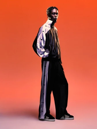 Model Marcel Mbowole wearing a black and white tracksuit against a warm gradient studio backdrop for a spring summer lookbook