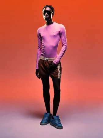 Model wearing pink long-sleeve top, brown shorts, and blue sneakers against a gradient red background.
