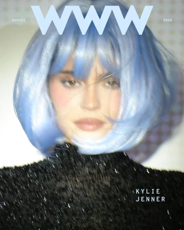 Kylie Jenner wearing a blue bob wig and black textured top for Who What Wear August 2026 cover photographed by Aidan Zamiri.