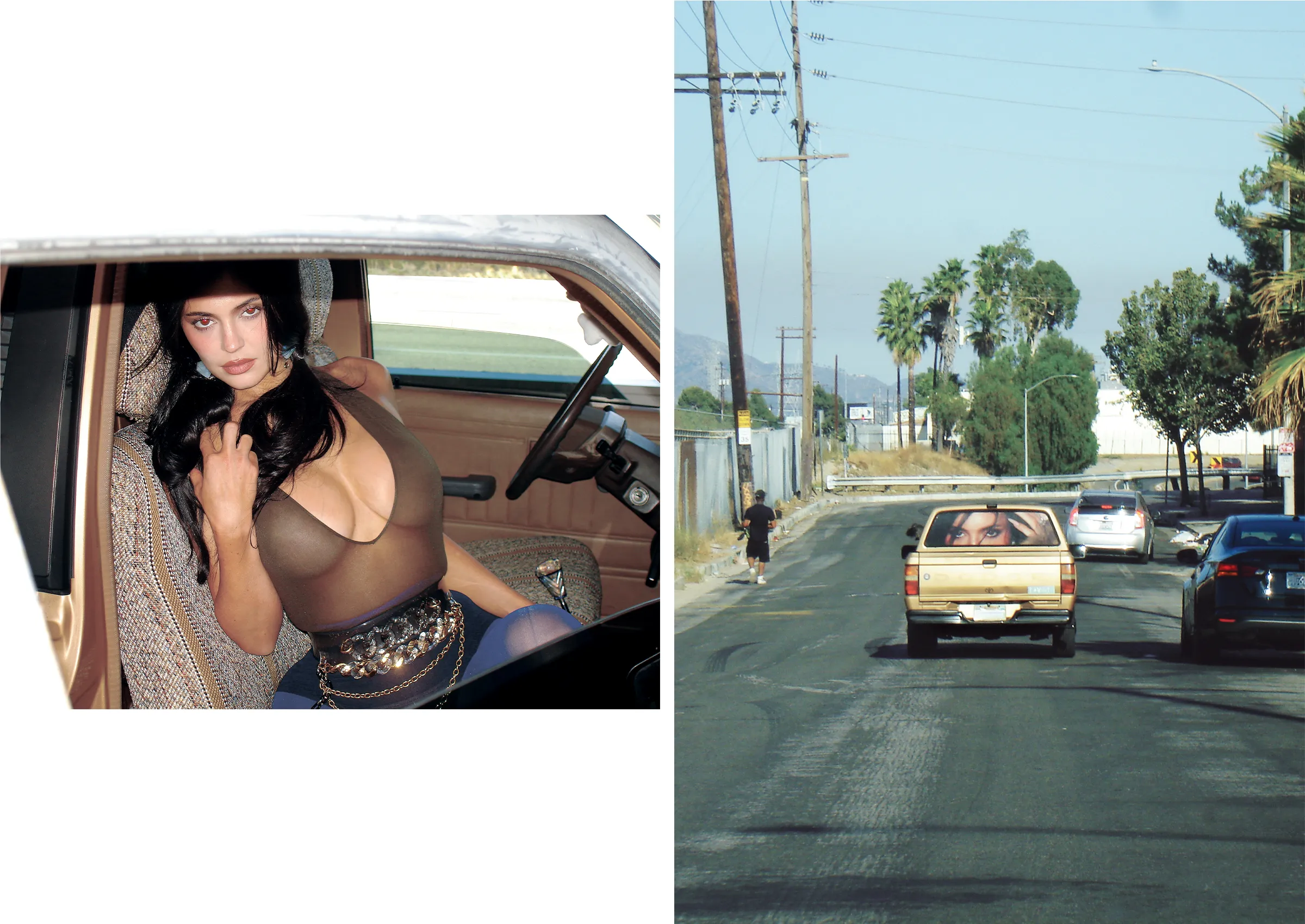 Kylie Jenner sitting inside a vintage truck wearing a sheer top and embellished belt, with a matching billboard on the truck bed outside.