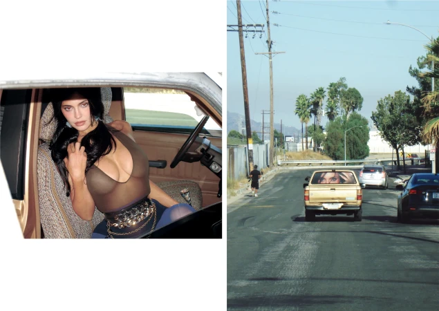 Kylie Jenner sitting inside a vintage truck wearing a sheer top and embellished belt, with a matching billboard on the truck bed outside.