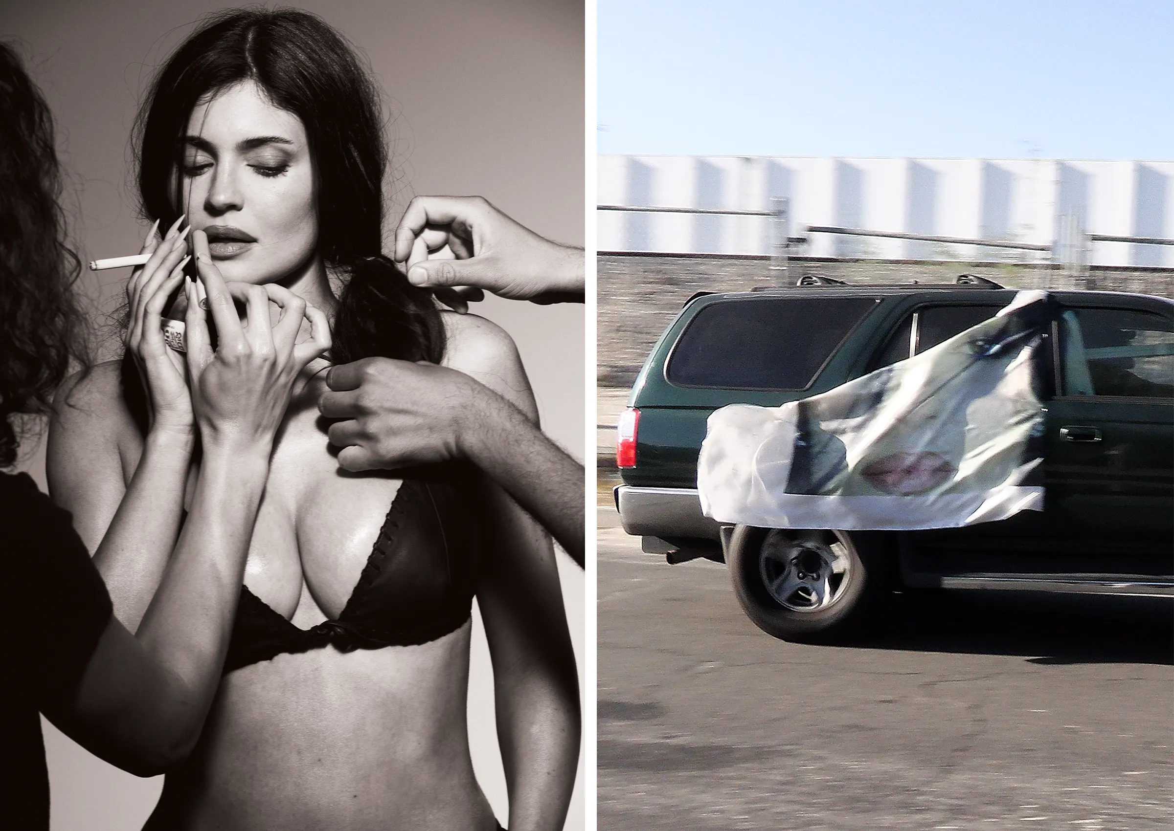 Kylie Jenner in a black bra being styled by multiple hands, alongside a dark SUV on a street