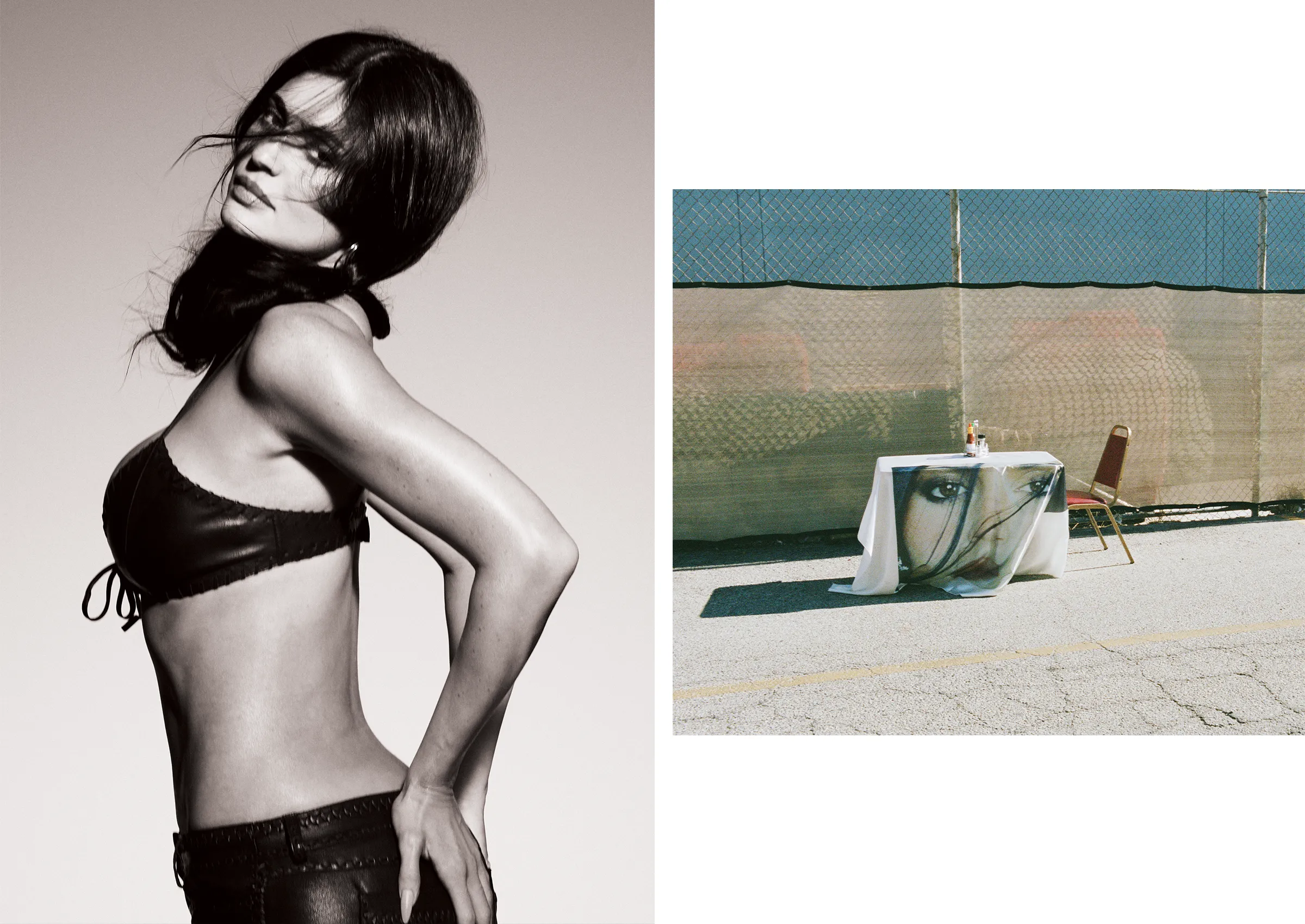 Kylie Jenner posing in dark attire against a neutral background alongside a split image showing a table outdoor