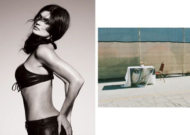Kylie Jenner posing in dark attire against a neutral background alongside a split image showing a table outdoor