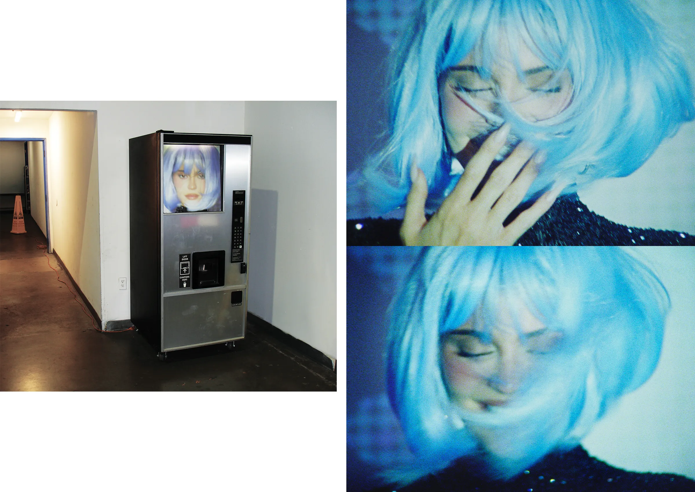 Kylie Jenner wearing a bright blue wig and black top, photographed with a grainy analogue film effect for Who What Wear.