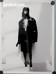 Monochrome fashion portrait of a model wearing a glossy black leather jacket, skirt, cap, and white heels against a white background.