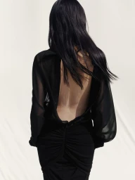 Model with long black hair wearing a sheer black backless blouse against a white background