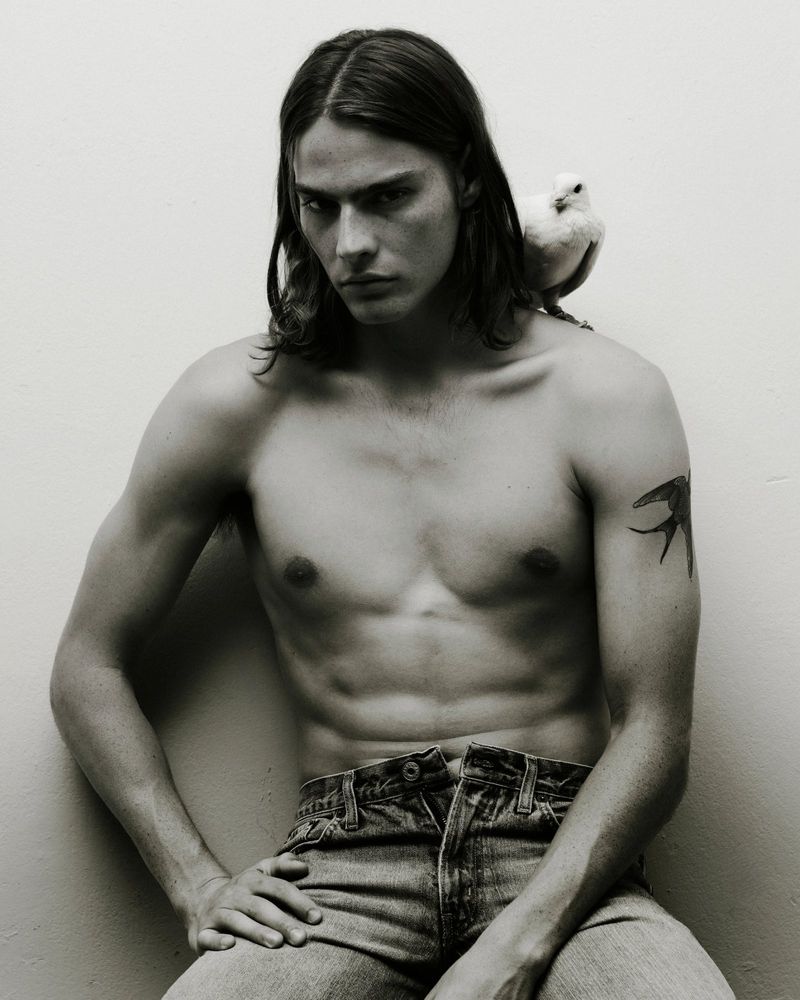 Shirtless male model with long dark hair wearing denim jeans with a small white bird perched on his shoulder.