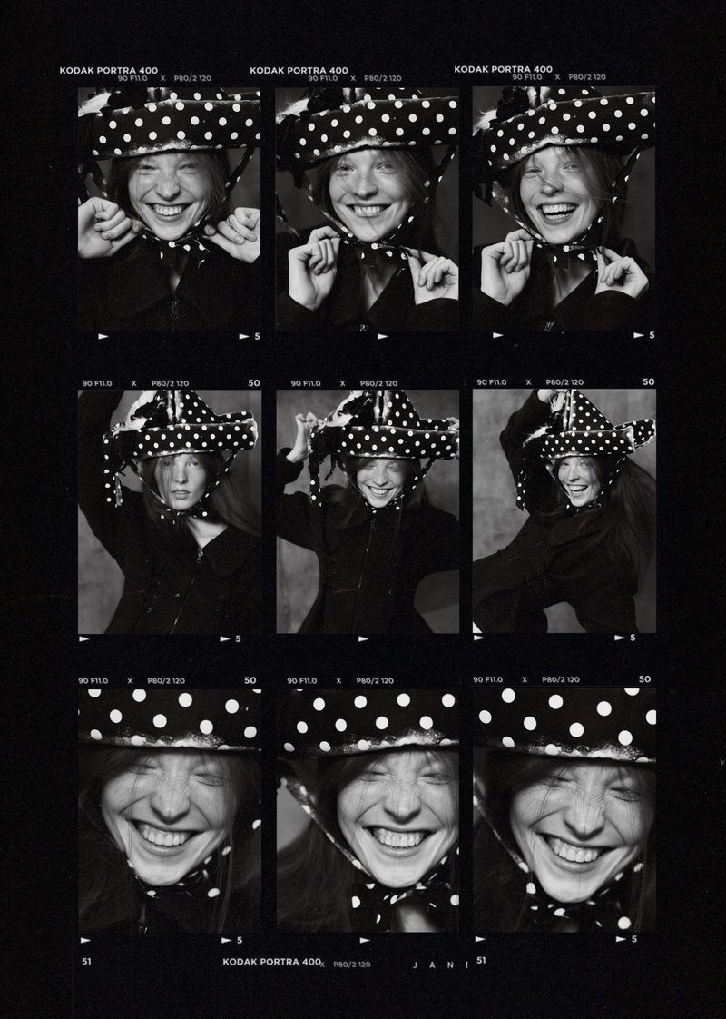 Contact sheet of nine portrait frames featuring a smiling woman wearing a polka-dot hat for Elle Hungary.