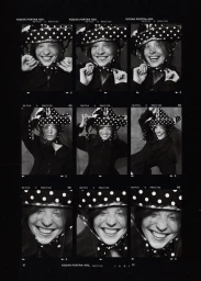 Contact sheet of nine portrait frames featuring a smiling woman wearing a polka-dot hat for Elle Hungary.