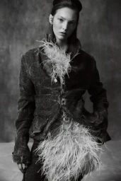 Monochrome fashion editorial portrait of a model wearing a textured jacket with feather accents and a headpiece against a textured wall.