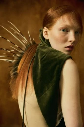 Red-haired female model wearing a green velvet garment with quills attached to her back against a textured dark background
