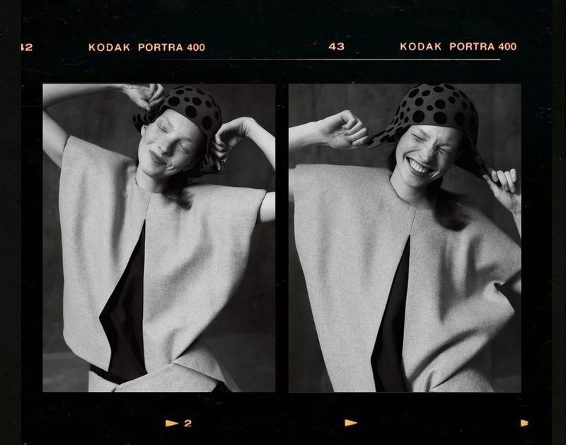 Two-frame analog contact sheet layout featuring a smiling model wearing a polka dot cloche hat and structured grey top.