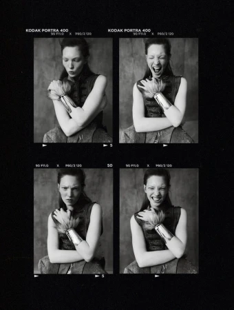 Black and white contact sheet of four portrait frames featuring a female model wearing a metallic cuff bracelet.