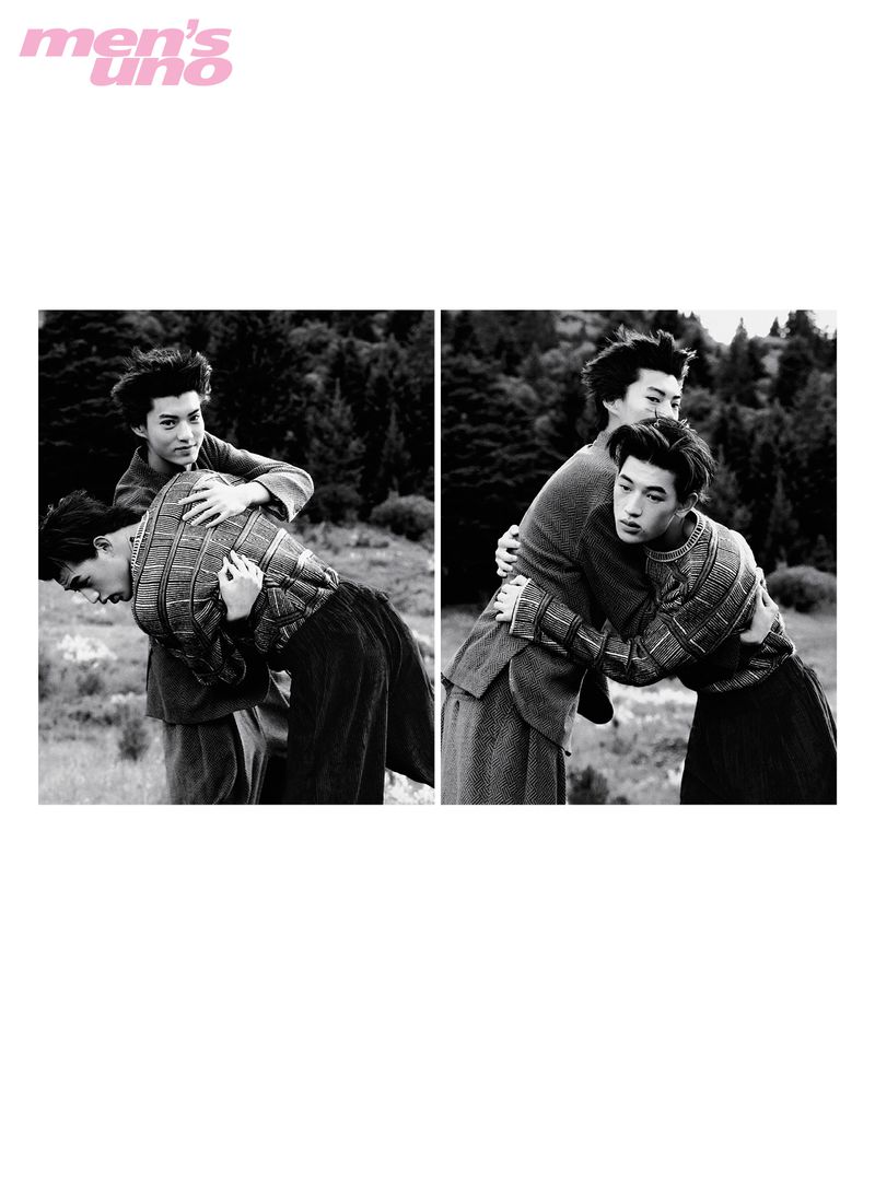 Monochrome diptych of two men embracing outdoors in a wooded landscape for Men's Uno China by Jialing Hu.
