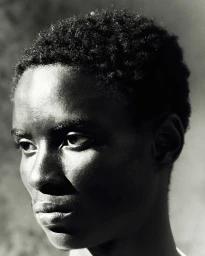 Close-up portrait of a Black man with short dark hair in high-contrast dramatic lighting for Heliot Emil EIGENGRAU AW25.