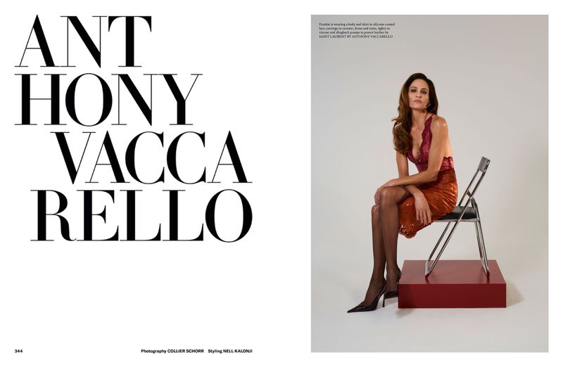 Model Frankie Rayder seated on a folding chair in an editorial for AnOther Magazine photographed by Collier Schorr.