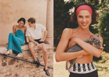 Two models sitting on a stone wall and a smiling woman holding a small dog in Duel Magazine Last Summer breeze editorial
