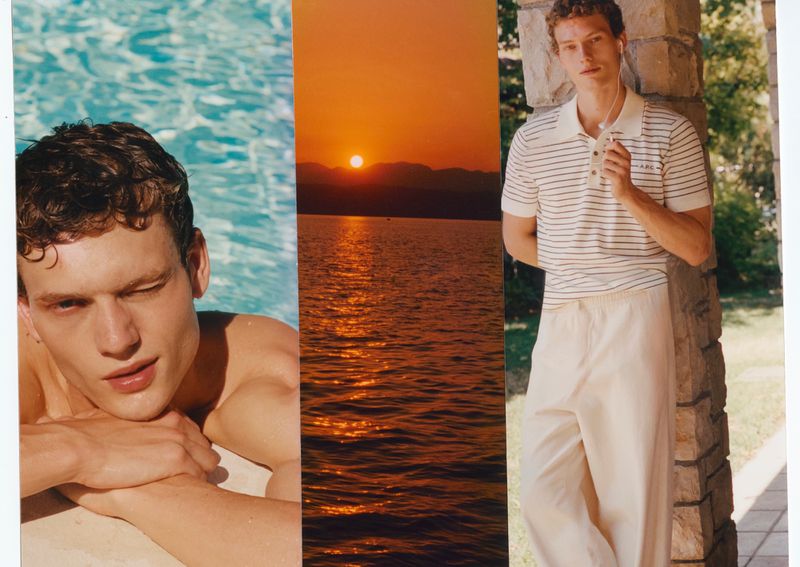 Collage of three panels showing a man by a pool, a sunset over water, and a man standing outdoors in a striped polo shirt.