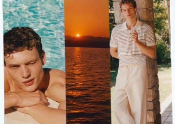 Collage of three panels showing a man by a pool, a sunset over water, and a man standing outdoors in a striped polo shirt.