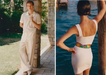 Two fashion models posing outdoors for Duel Magazine with a male model leaning against a stone pillar and female model by water