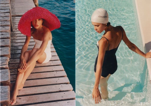 Two fashion models in swimwear; one wears a large red sunhat on a wooden pier, the other a white swim cap in a clear pool.