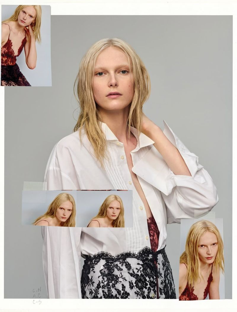 Collage style fashion editorial portrait of a blonde woman wearing a white button down shirt over a lace slip against a grey background