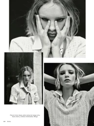 Black and white editorial layout featuring three portraits of a blonde model with dramatic dark eyeliner wearing a patterned knit top.