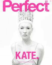 Kate Moss wearing a feathered headdress and slip dress against a plain white background with bold pink text.