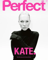 Kate Moss wearing a black turtleneck against a white seamless background with bright pink typography reading Perfect and Kate.