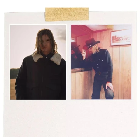 Diptyque layout showing two portraits of a long-haired man in Wrangler apparel outdoors and indoors.