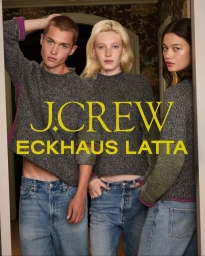 Three models wearing grey knit sweaters and blue jeans posing indoors for J.Crew x Eckhaus Latta campaign