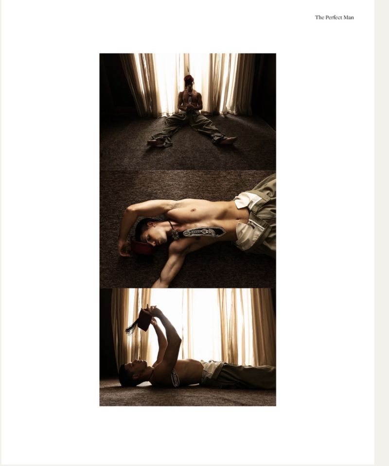 Triptych layout showing a shirtless male model posing on a carpeted floor in front of draped curtains for an editorial spread.