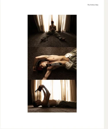 Triptych layout showing a shirtless male model posing on a carpeted floor in front of draped curtains for an editorial spread.