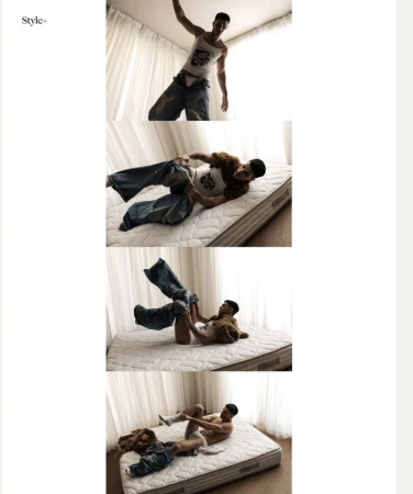 Four vertical panels showing a male model changing clothes on a mattress in front of sheer white curtains.