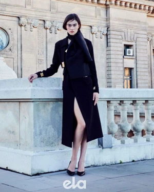 Model in a black coat with a front slit and dark scarf leaning against a stone balustrade in front of a classical building.