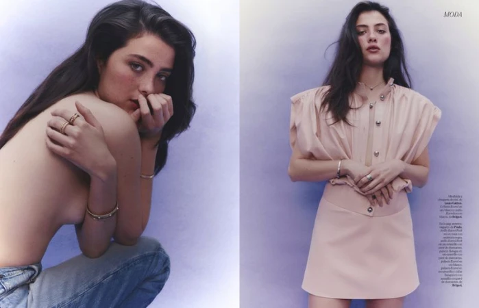 Diptyque fashion editorial featuring model Blanca Soler in a pink outfit and denim jeans against a soft purple background.