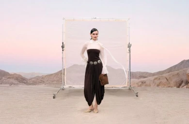 Model standing in a desert landscape in front of a white diffuser frame wearing a brown jumpsuit and sheer white blouse