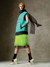 Model in vibrant turquoise vest and bright yellow fringed skirt wearing sculptural white heels against textured wall