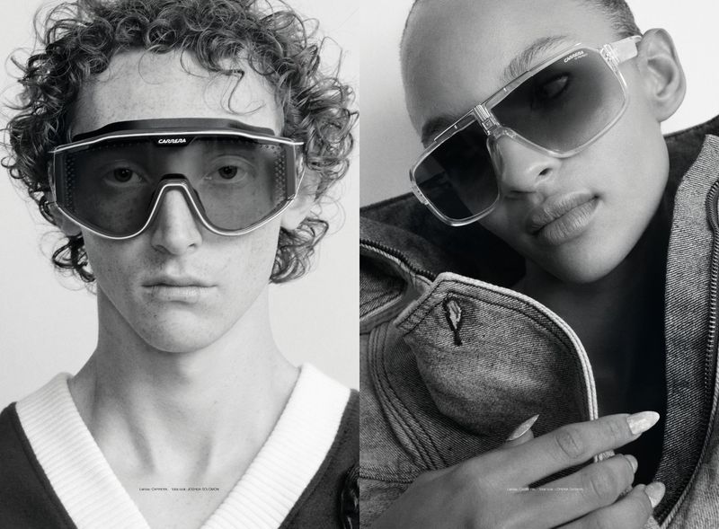 Two black and white portraits featuring two models wearing sunglasses and stylish outerwear against a plain white background.