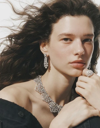Close-up portrait of a female model wearing diamond jewelry and a black top against a white background.