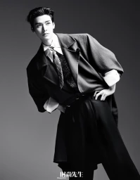 Gong Jun wearing a tailored jacket and striped tie against a grey gradient background in an editorial for Esquire China