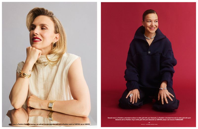 Two fashion portrait shots featuring women wearing Cartier jewelry and designer clothing against contrasting backgrounds.
