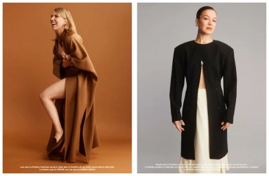 Two fashion editorial portraits featuring women wearing designer coats and Cartier jewellery against studio backdrops.
