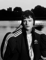 Model Noor Khan wearing a black athletic jacket and bonnet by Simone Rocha outdoors near water for AnOther Magazine.