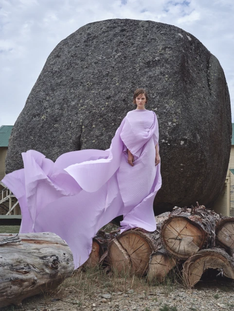 A woman in a flowing lilac gown poses near a large boulder and stacked logs in a rural setting under a cloudy sky, fashion editorial.