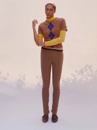 Model in brown argyle sweater and matching trousers posing against a plain backdrop with floral shadows